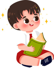 Enchanted Reader: Cartoon Boy with Book, Sparkling Imagination, Indonesian School Uniform.