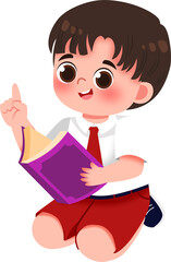 Animated Schoolboy Reading, Pointing Upward, Educational Illustration.