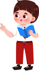 Enthusiastic Student with Book, Red Pants, Pointing Upward.