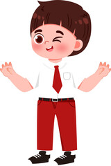 Cheerful Cartoon Boy in School Uniform Winking with Open Arms.
