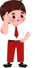 Pondering Student: Cartoon Boy in Uniform, Hand on Temple, Thoughtful Expression.