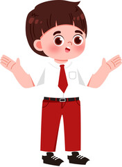 Cartoon Boy in Uniform, Open Palms, Questioning Expression, Isolated.