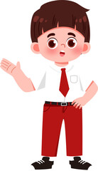 Cartoon Boy in Uniform: Presenting with Hand Gesture, Educational Illustration.