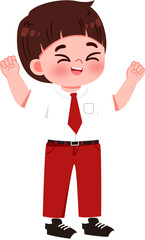 Happy Cartoon Boy in School Uniform, Arms Raised in Celebration.