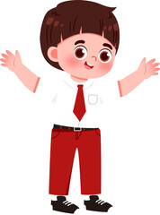 Cartoon Boy in Red and White Uniform, Arms Outstretched, Smiling.