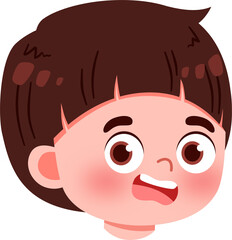 Wide-Eyed Child: Cartoon Portrait with Rosy Cheeks and Dark Hair.