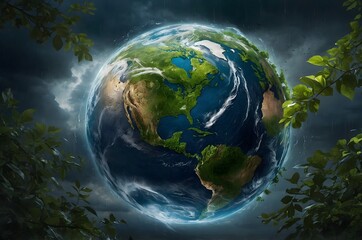 Fototapeta premium Digital rendering of Earth surrounded by lush greenery and trees, emphasizing environmental awareness