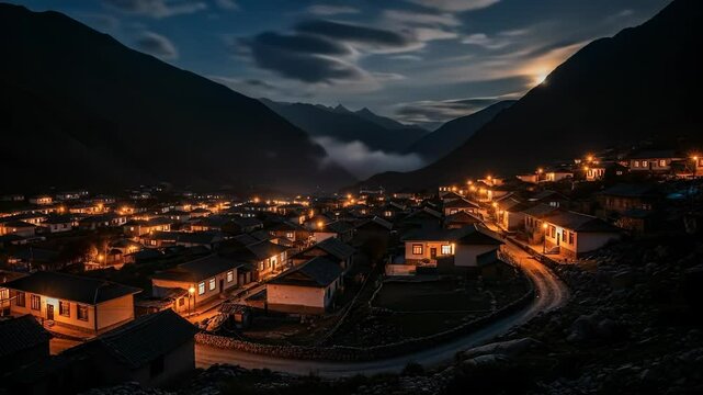 Scenic Nighttime Village View Amidst Mountains with Illuminated Houses and Pathway