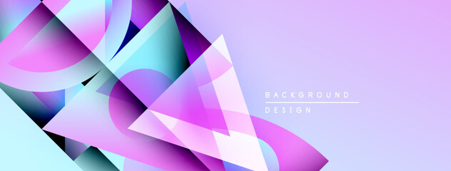 Abstract polygonal design. Vibrant purple, blue hues blend. Modern geometric shapes create dynamic visual effect. Background suggests innovation, technology.