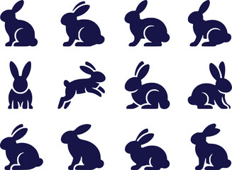 A comprehensive set of solid black silhouette rabbit and bunny icons.