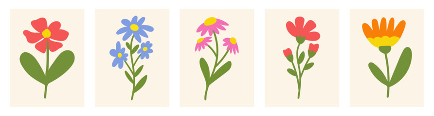 Set abstract floral backgrounds. Cute colorful bloom flowers on a beige background. Trendy groovy posters. Vector illustration