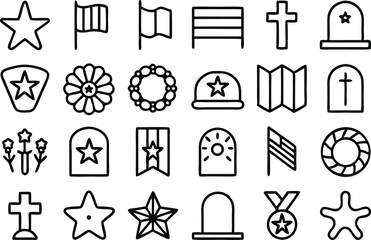 Memorial day ceremony and symbol icons set isolated on transparent background