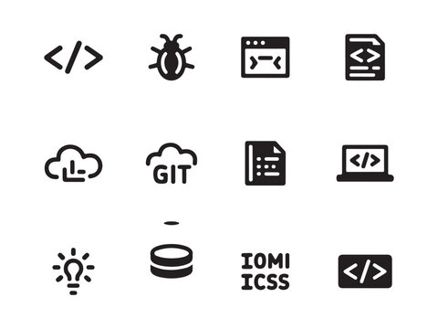 Set of Modern Web Development and Programming Icons, a collection of black and white icons, representing various essential aspects of web development and programming vector art on white