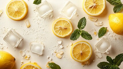 Horizontal frame in minimalist style, white border with refreshing garnishes&mdash;lemon slices cut thin, realistic ice cubes with surface reflections,