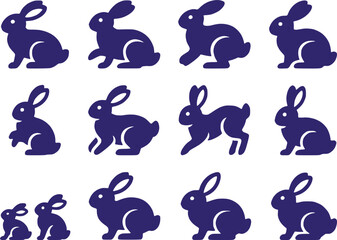 A comprehensive set of solid black silhouette rabbit and bunny icons.