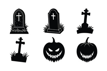 Spooky halloween icons set featuring gravestones and carved pumpkins in silhouette
