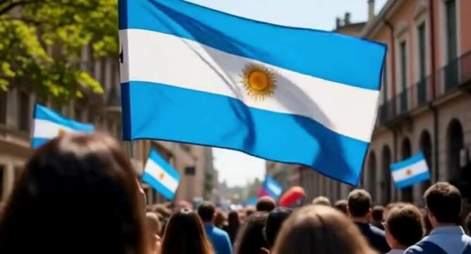 Patriotic Argentinians Marching with National Flags in City Street Celebrating Independence Day Under Blue Sky