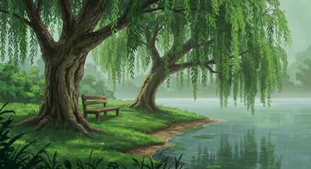 Tranquil Anime Style Riverside Scene with Willow Trees and Reflections