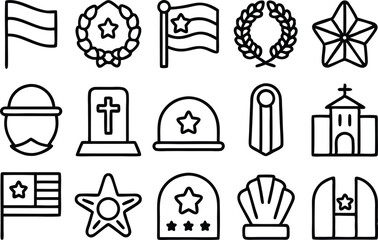 Memorial day commemorative ceremony icons and symbols set isolated on transparent background