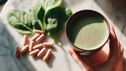 Top view of a vibrant green smoothie bowl with avocado, spinach, ginger, and supplements on marble in soft sunlight, capturing wellness and balance.
