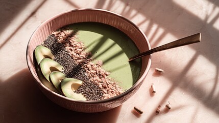 Top view of a vibrant green smoothie bowl with avocado, spinach, ginger, and supplements on marble in soft sunlight, capturing wellness and balance.