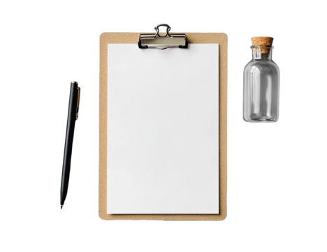 Clipboard, paper, pen, and small bottle