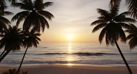 Tranquil beach scene featuring palm trees silhouetted against a vibrant sunset over the ocean.