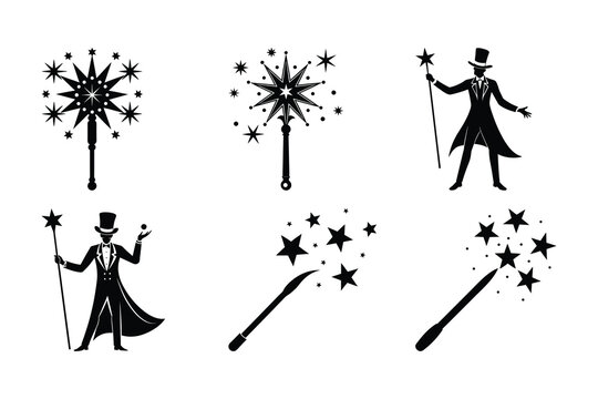 Black and white magic wand and magician illustrations for magical entertainment designs