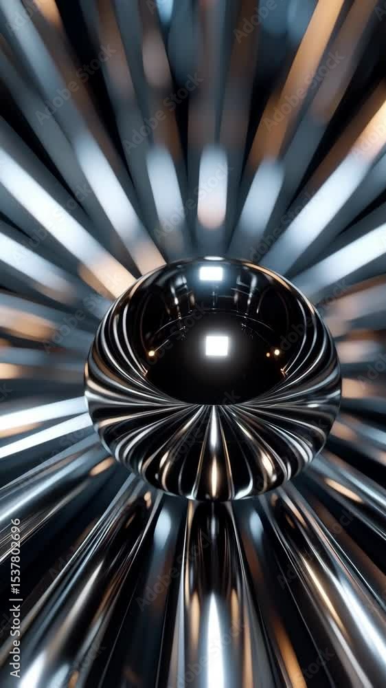 Poster abstract metallic sphere in a starburst pattern, shiny tubes converging to the center, a mesmerizing