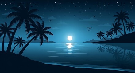 Silhouettes of palm trees on a tranquil beach at night under a bright moon.