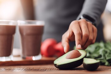 Close-up of a man's hand slicing avocado near dumbbells, protein shake, and smartwatch, symbolizing smart nutrition and active modern living.