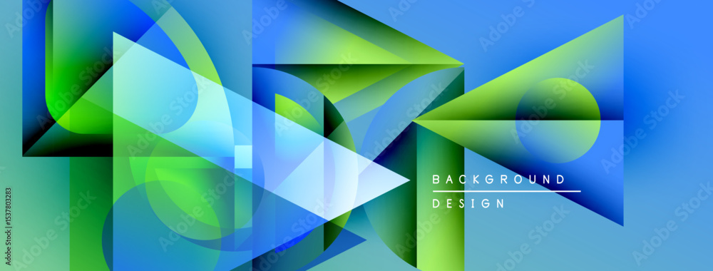 Poster Abstract geometric shapes blend blues, greens. Modern design features layered forms, gradients, dynamic composition. Minimal text indicates background design concept.