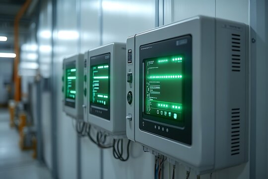Row of industrial control panels displaying data information with green glowing screens