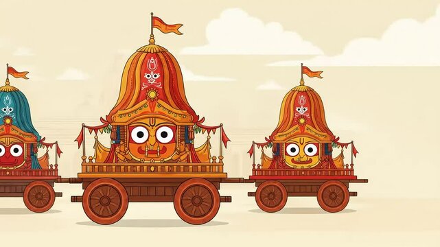 Cartoon Jagannath Rath Yatra Chariot Parade &ndash; Traditional Indian Festival Scene Featuring Devotional Elements and Festive Heritage Celebration Visual