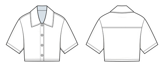 Minimal Cropped Shirt Technical Fashion Illustration. Button-Up Short Sleeve Shirt Vector Template. Front and Back View. Clean Yoke Detail. Boxy Fit. Women’s Wear. CAD Mockup Set.