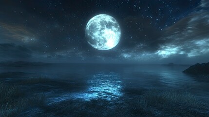 Night by the sea with a large moon