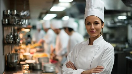 Professional female chef smiling confidently with arms crossed, leading her team in a bustling restaurant kitchen while preparing delicious meals in the background - Powered by Adobe