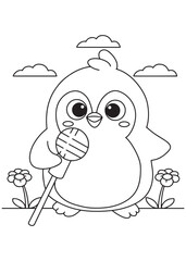 Coloring book penguin happily holding a large lollipop among sweet flowers