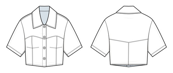 Western-Inspired Cropped Shirt Technical Fashion Illustration. Button-Up Short Sleeve Shirt Vector Template. Curved Yoke Detail. Double Chest Seams. Boxy Fit. Women’s Wear. CAD Mockup set.
