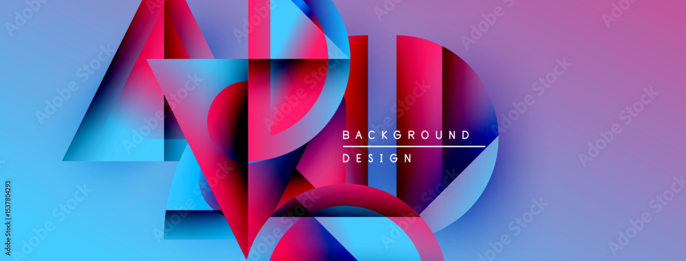 Poster Abstract geometric shapes, vibrant colors blend. Modern design, dynamic composition, gradient effect. Background features text elements.