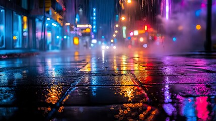 Obraz premium Night city street, wet pavement, colorful lights