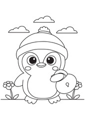 Coloring book penguin wearing a cozy winter hat and holding a locked padlock