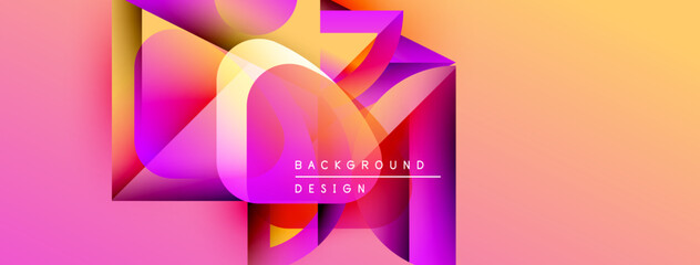 Abstract geometric shapes blend vibrant pinks, purples, yellows. Modern design features layered forms, gradients, text elements.