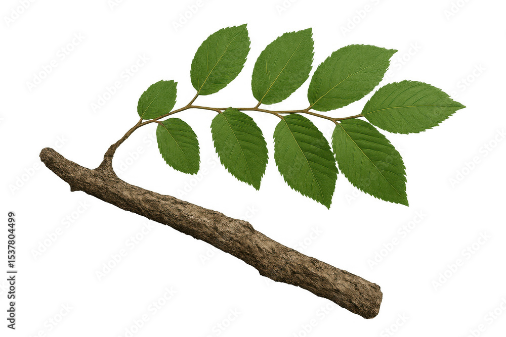 Poster realistic branch with green leaves, isolated on transparent background, perfect for photo editing an