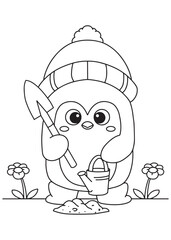 Coloring book penguin wearing a cozy winter hat, happily gardening with a shovel and watering can