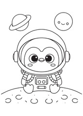 Coloring book penguin dressed as an astronaut, sitting on a moon-like surface