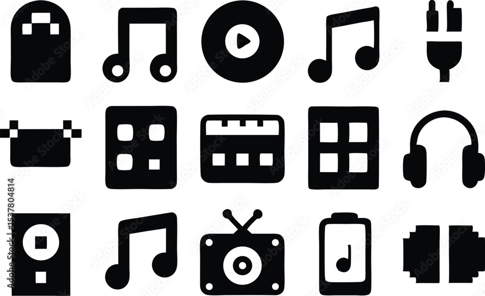 Poster pixel art music icon grid set featuring various musical instruments and notes isolated on transparen