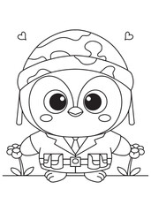 Coloring book penguin wearing a camouflage helmet and military uniform