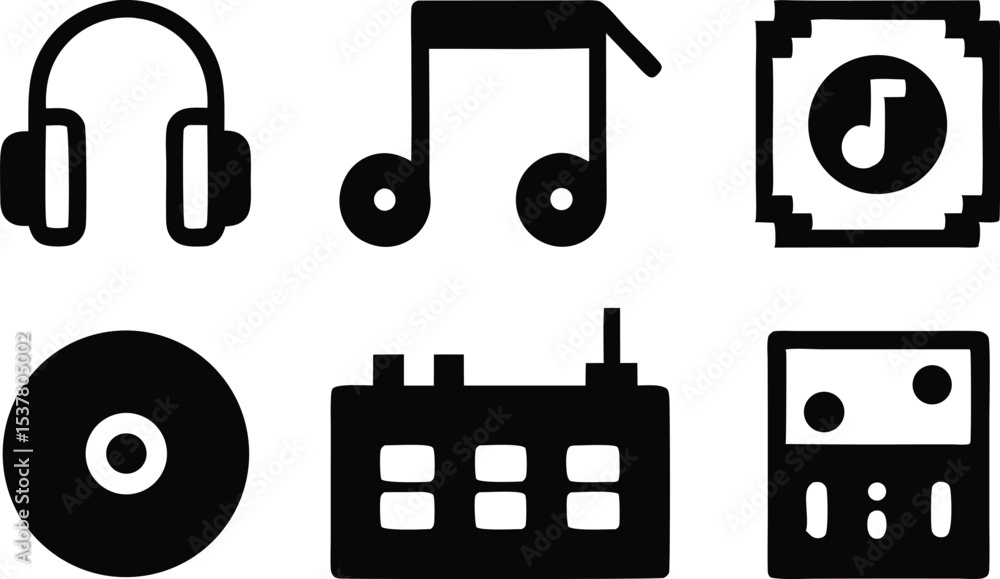 Poster pixel art music icon set grid design isolated on transparent background