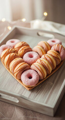 Heart shaped donut and pastry arrangement on wooden serving board